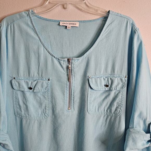 Emily Daniels Women's XL Blouse, Aqua Woven Linen Blend 3/4 Roll-tab Sleeves - Picture 2 of 12